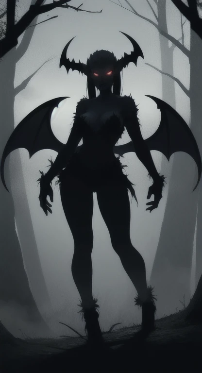 Foggy Forest, ancient female creature, demonic silhouette, succubus shadow figure, red eyes, eyes in the fog, rotting, looking dead, torn wings,