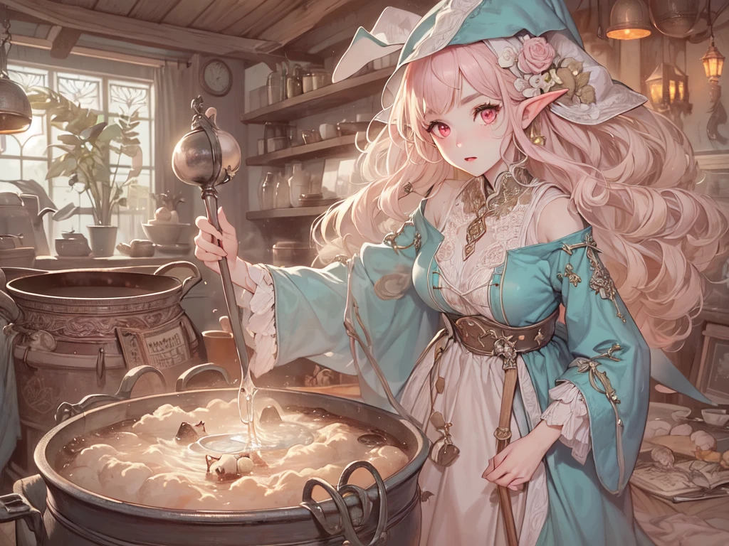 ((UHD, masterpiece, accurate, anatomically correct, super detail, high details, best quality,  highres icon)), 1girl,  long pink fluffy hair , round sheep horn , Thick eyebrows,  perfect eyes, Perfect Hair,  perfect finger,  Pink Dress , Sky blue witch hat , Sky Blue Robe,  brown boots, I can see your ankles,  stirring the liquid in the pot to a large ladle,  holding a spellbook in one hand ,  small sheep floating around it  + Perfect and detailed sheep,  room with miscellaneous items , Lamplight, Realistic lighting light