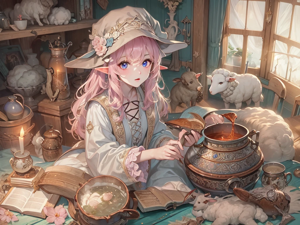 ((UHD, masterpiece, accurate, anatomically correct, super detail, high details, best quality,  highres icon)), 1girl,  long pink fluffy hair , round sheep horn , Thick eyebrows,  perfect eyes, Perfect Hair,  perfect finger,  Pink Dress , Sky blue witch hat , Sky Blue Robe,  brown boots, I can see your ankles,  stirring the liquid in the pot to a large ladle,  holding a spellbook in one hand ,  small sheep floating around it  + Perfect and detailed sheep,  room with miscellaneous items , Lamplight, Realistic lighting light