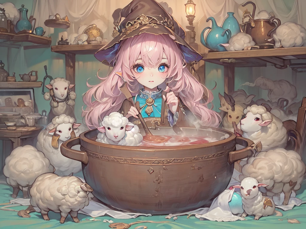 ((UHD, masterpiece, accurate, anatomically correct, super detail, high details, best quality,  highres icon)), 1girl,  long pink fluffy hair , round sheep horn , Thick eyebrows,  perfect eyes, Perfect Hair,  perfect finger,  Pink Dress , Sky blue witch hat , Sky Blue Robe,  brown boots, I can see your ankles,  stirring the liquid in the pot to a large ladle,  holding a spellbook in one hand ,  small sheep floating around it  + Perfect and detailed sheep,  room with miscellaneous items , Lamplight, Realistic lighting light,  Each and every one of the props is detailed