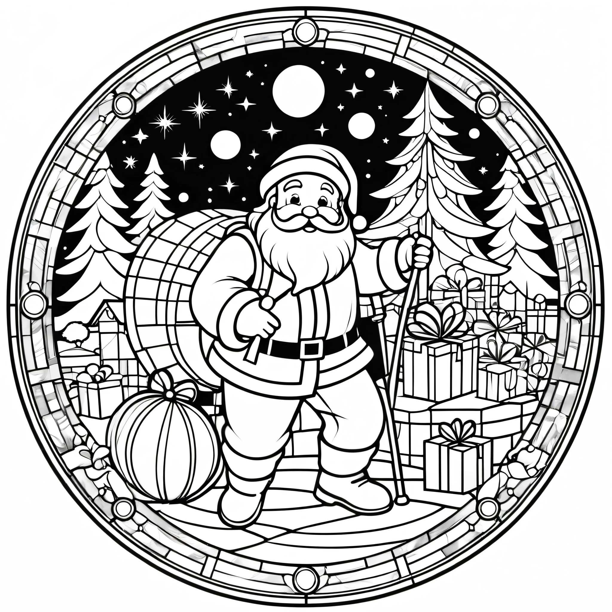 circle, simple line art, black and white, Stained glass design, without colored glass, composed only of lines, The theme is Santa Claus is busy delivering presents,