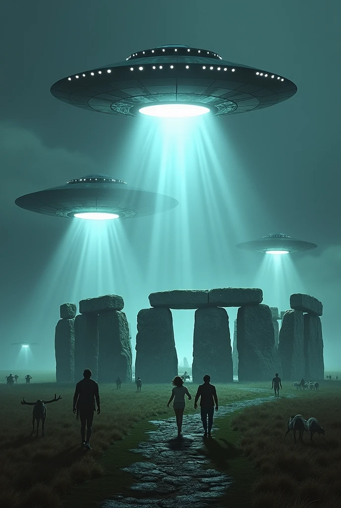 create a thumbnail for YouTube with the image of Stonehenge surrounded by aliens and with a spaceship on top, ultra realistic and colorful image.