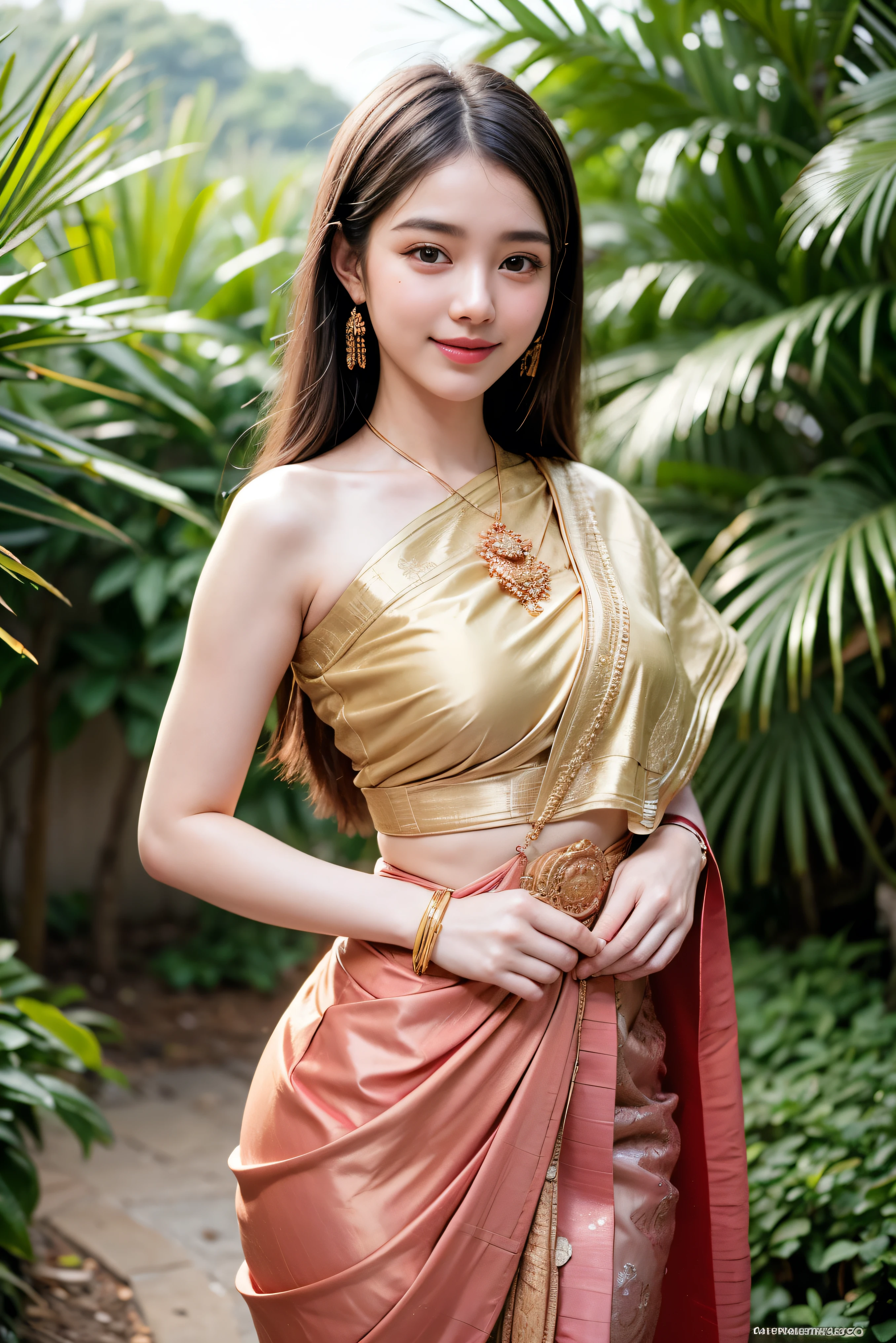 8K, ultra high detailed, an thai girl, cute face, happy, long hair, impressive hairstyle, detailed eyes, detailed lips, indian clothes, saree, golden saree, lace, wearing jewellery, nature background, flowers, afternoon, shadow, clear weather, whole body capture, cute smile, nsfw