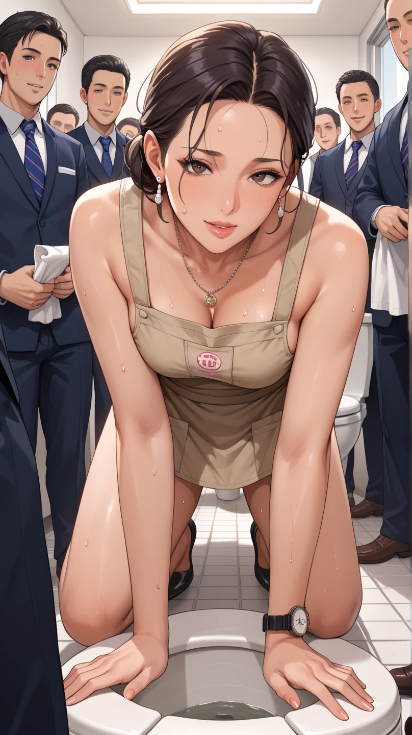 Close-up shot of a sexy woman, Gorgeous with captivating eyes and perfect makeup, radiant childhood friend, accentuated by a sheer white tank top and a short black pleated skirt, Show off your sexy figure with big thighs and wide hips, provocative. tie (Shibari, tay bị tie sau lưng: 1,5), (Shibari: 1,21), Bị tie, chân bị tie, gag with drool ball((( red ballgag)))Wear glasse, in a crowded conference room , wet person , green rope