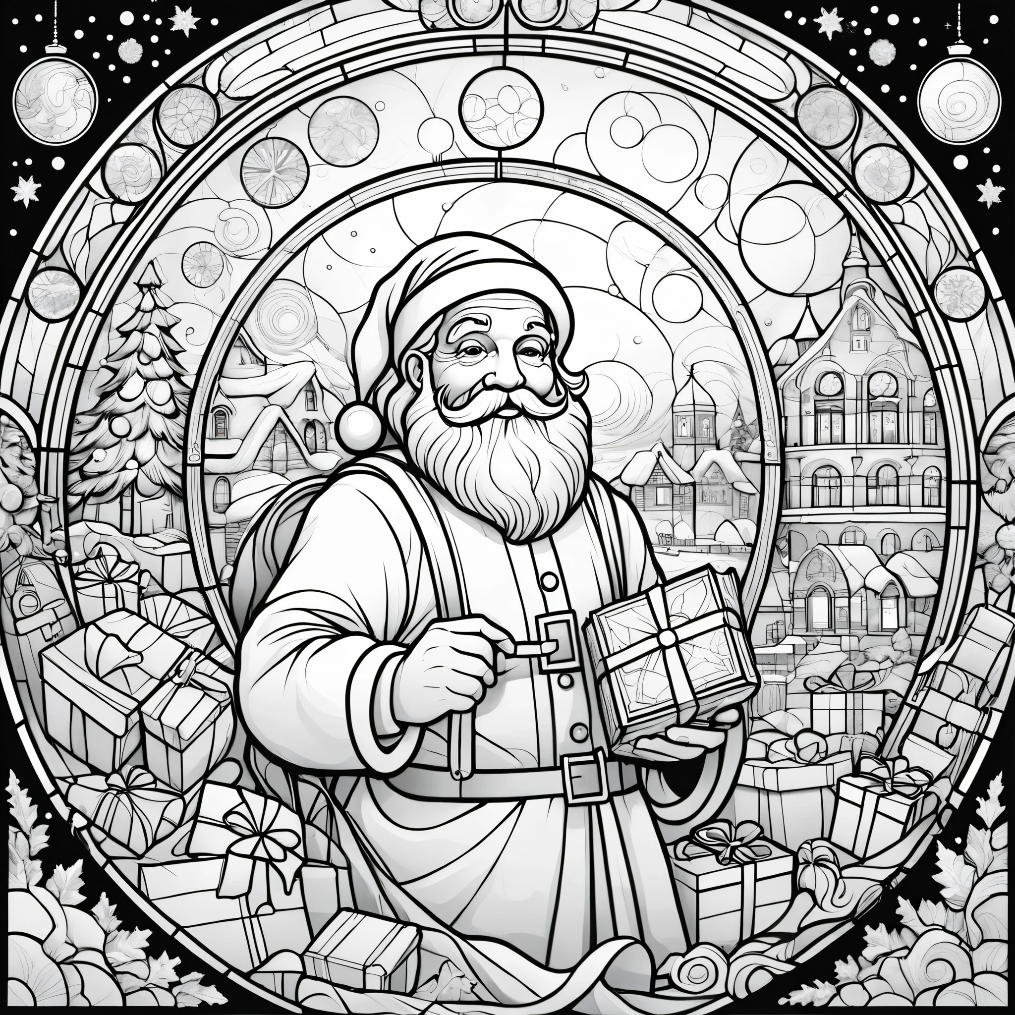 novel illustration, cover page, highres, top quality, best quality, paid reward available, unparalleled masterpiece, perfect artwork, absurdres, circle, simple line art, black and white, Stained glass design, without colored glass, composed only of lines, The theme is Santa Claus is busy delivering presents,