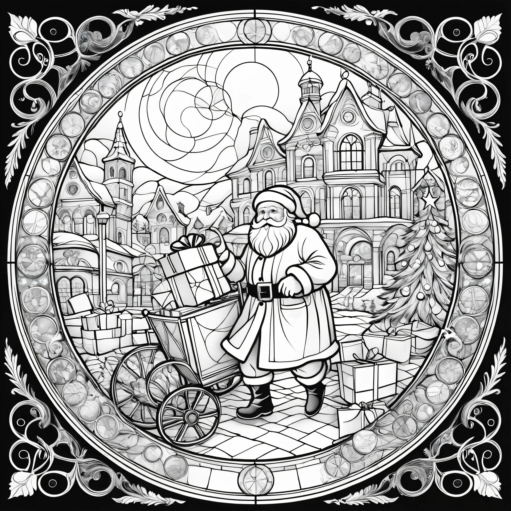 novel illustration, cover page, highres, top quality, best quality, paid reward available, unparalleled masterpiece, perfect artwork, absurdres, circle, simple line art, black and white, Stained glass design, without colored glass, composed only of lines, The theme is Santa Claus is busy delivering presents,