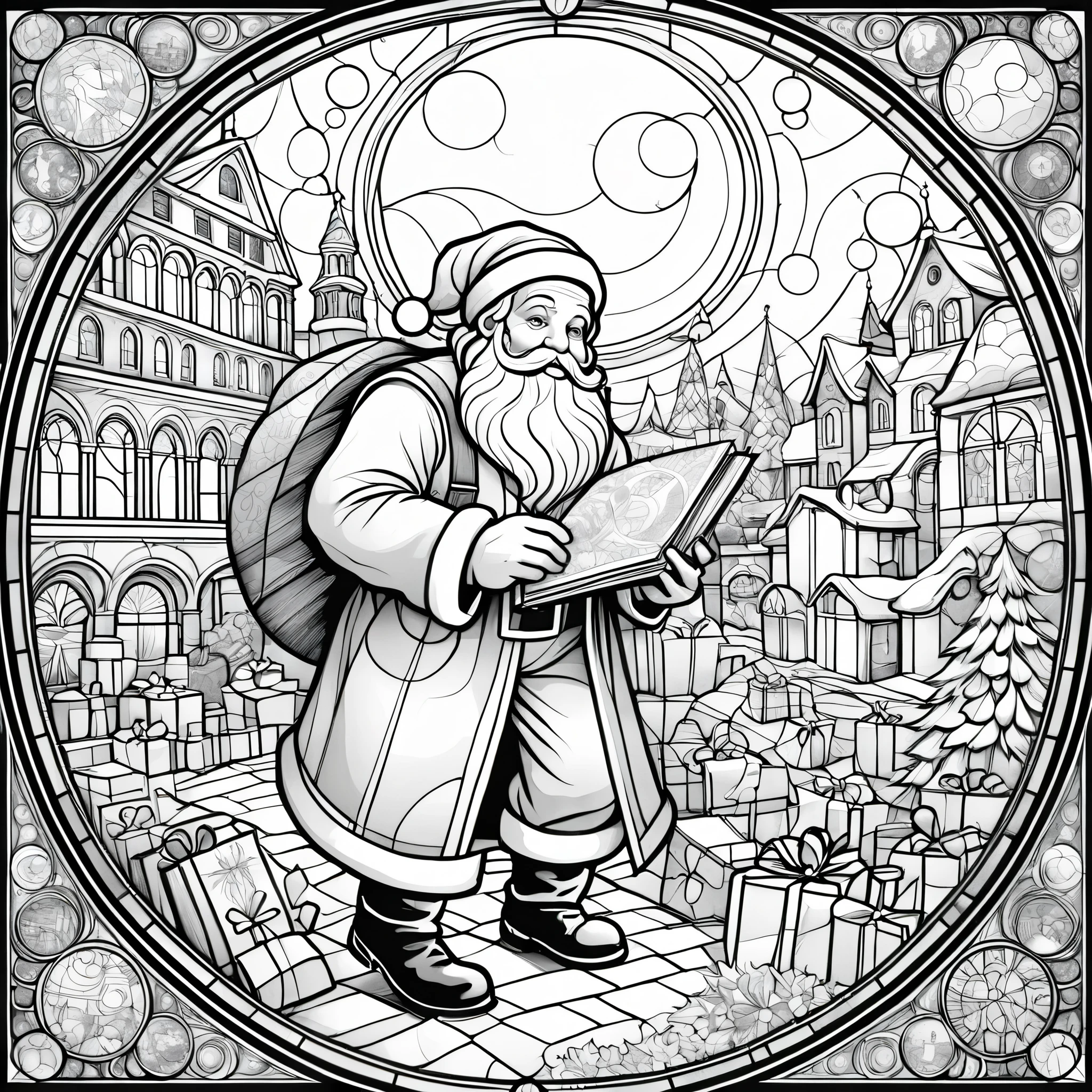 novel illustration, cover page, highres, top quality, best quality, paid reward available, unparalleled masterpiece, perfect artwork, absurdres, circle, simple line art, black and white, Stained glass design, without colored glass, composed only of lines, The theme is Santa Claus is busy delivering presents,