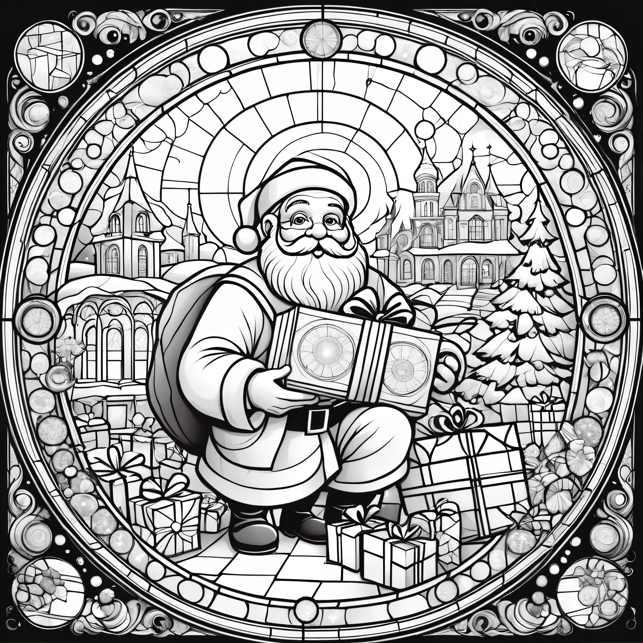 novel illustration, cover page, highres, top quality, best quality, paid reward available, unparalleled masterpiece, perfect artwork, absurdres, circle, simple line art, black and white, Stained glass design, without colored glass, composed only of lines, The theme is Santa Claus is busy delivering presents,
