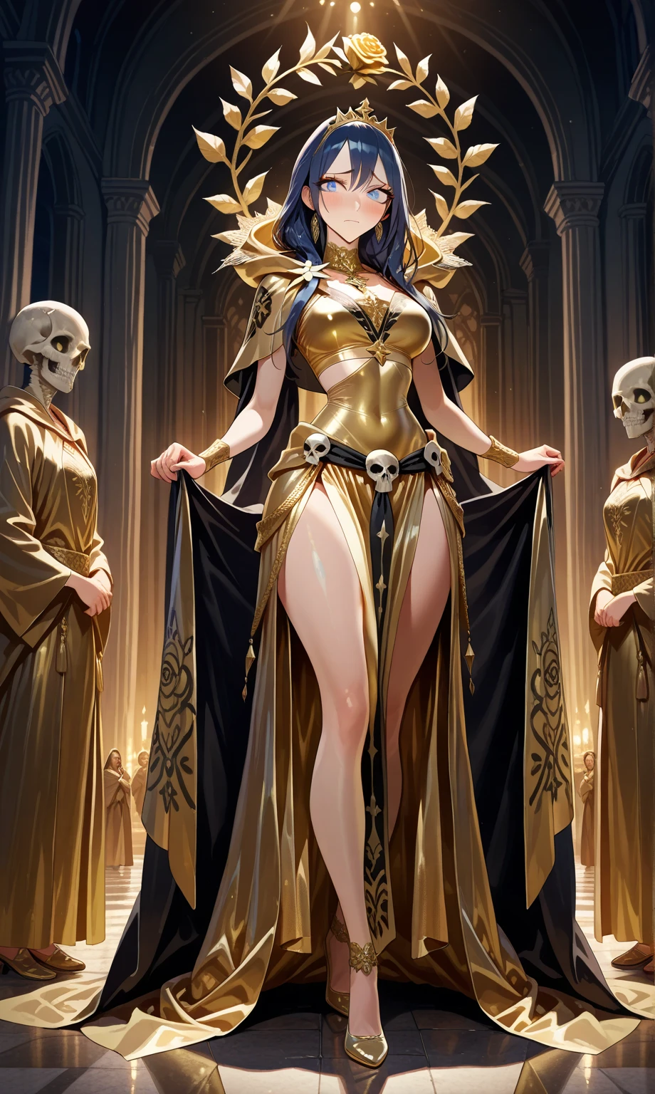 Tarot Card border, card of Justice, A blindfolded goddess holding a balance and a sword. The balance symbolizes fair judgment, while the sword represents wisdom and decisive action. Behind her stood two doors, representing the choices of life and death, good and evil, emphasizing the importance of karma and moral principles, masterpiece, best quality, perfect composition, very aesthetic, absurdres, ultra-detailed, intricate details, Professional, official art, Representative work