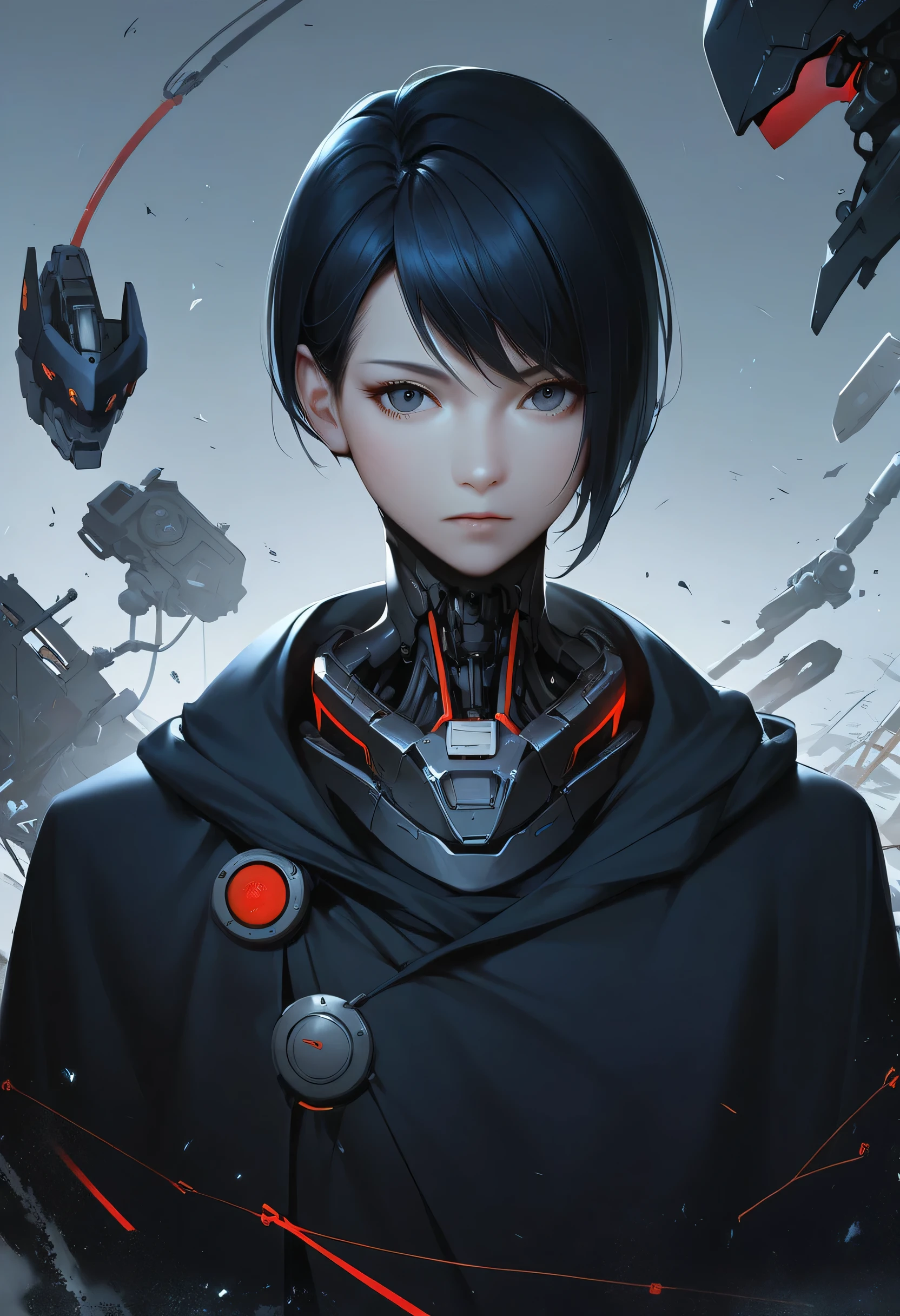 One woman, mature, anime, female anime character, dark eyes, expressionless, black hair, sharp face,artificial skin, black slim mechanical body frame, small chest, black cloak, elster, cyborg , mechanical jaw, mechanical neck, robotic, detailed anime character art, dark, facing center, close-up portrait, sharp focus, zPDXL3.