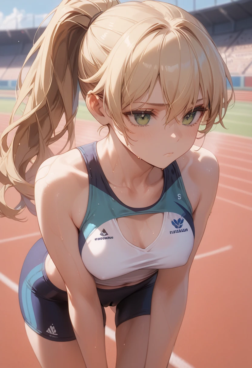 Full body,three sizes are 24,28,32,petite,fit,athletic,tomboy,pouting,long hair,blond,green eyes,ponytail hairstyle,high neck tank top,cute,sad,lonely,track and field,running track,sweaty,bending over,slight camel toe,