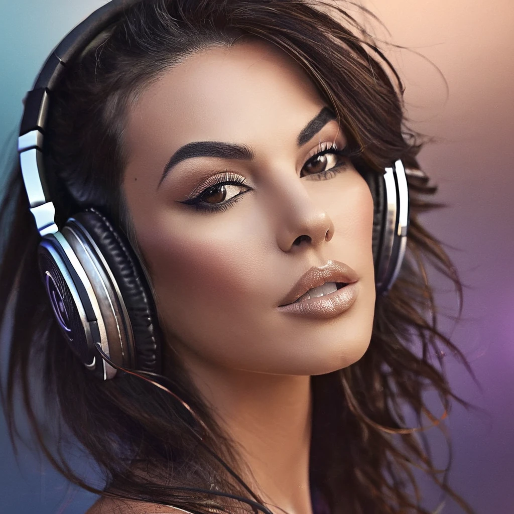 Create me a logo, A woman with headphones, wonderful sexy face and a connection to music. dreamy, sexy. ultra realisic