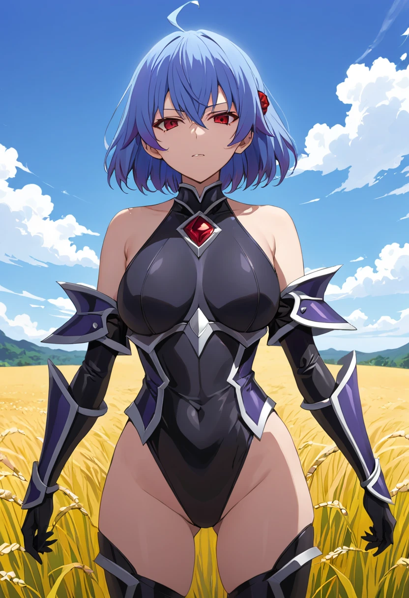 masterpiece,  top quality ,  standing, Evil Villain, Ruthiragnason,  blue hair,  red eyes,  Shorthair,  Black Armor, 邪悪な鎧, Bare shoulders,  black bodysuit,  Field's girlfriend's   