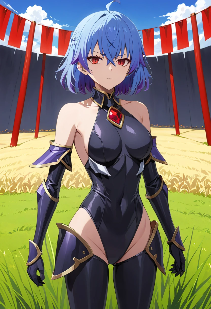 masterpiece,  top quality ,  standing, Evil Villain, Ruthiragnason,  blue hair,  red eyes,  Shorthair,  Black Armor, 邪悪な鎧, Bare shoulders,  black bodysuit,  Field's girlfriend's   