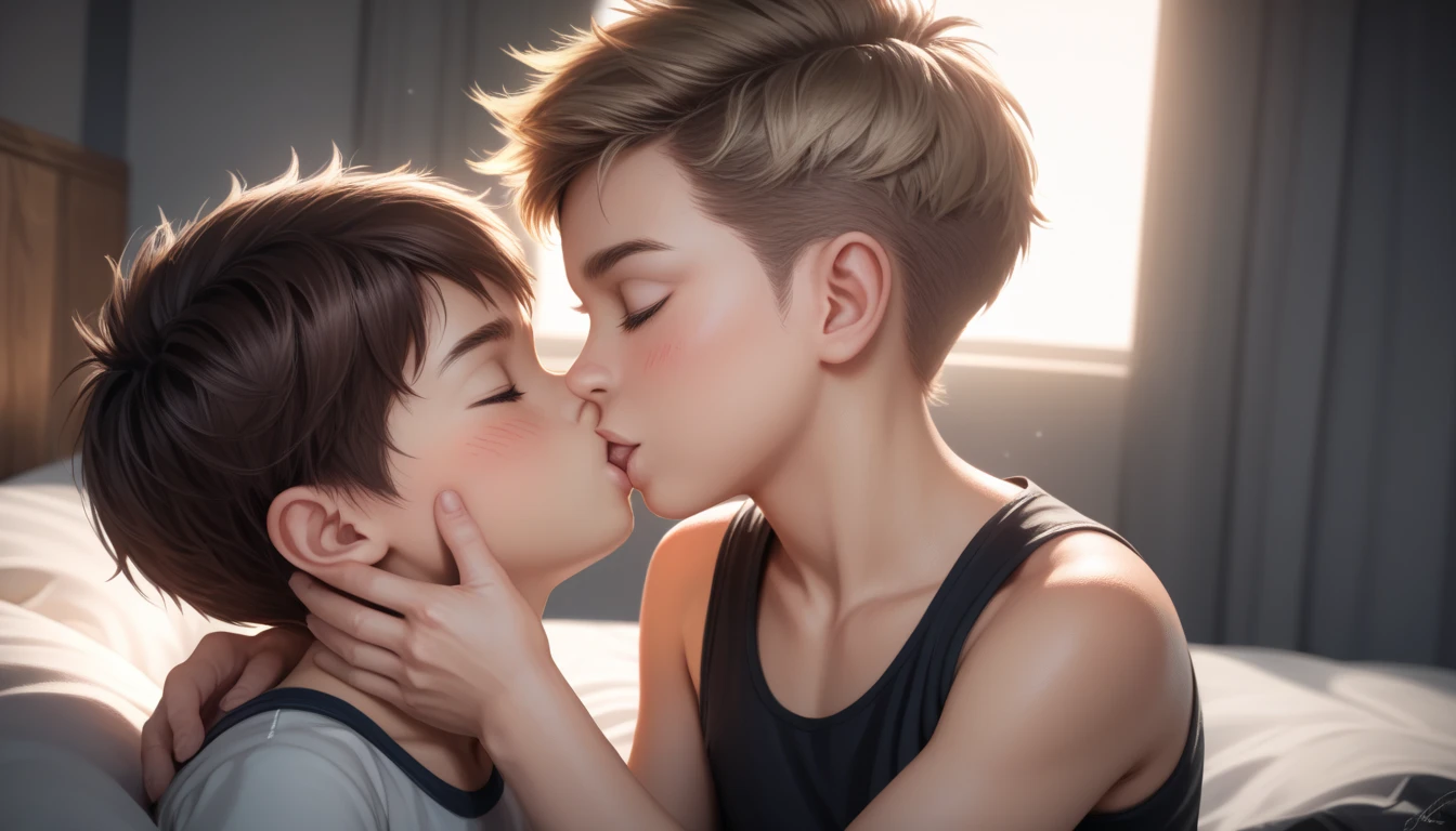 Two handsome kiid ************ boy 5yr,SHOTA,delicious expression,blush,messy short hair,blond hair and brown hair,from front,in bedroom,kiid face,wearing black singlet,wearing shirt,kisses,fullbody,hd,4k,8k,dynamics lighting,perfect lighting,realistic,hd,4k,8k,dynamics lighting,perfect lighting,realistic,16k,hd lighting,realistic lighting,perfect shadows,realistic shadows,super realistic,hyper realistic,perfect face