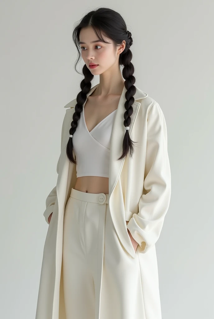 Cria uma imagem 3D ultra realist graphics, dynamic lighting, foto realista, 4 k, Skin glow da Bella Hadid, com sardas, cabelo ondulado volumoso loiro longo com franja, com olhos azuis. She is dressed in an unbuttoned white blouse, black pants and suspenders, and wears a beige beret French feminine hat.She is in an environment that appears to be a studio or art gallery., olhando e admirando uma escultura inacabada. The sculpture is white in color and appears to be unfinished or eroded., colocada sobre um pedestal. The background consists of an environment has a dark and artistic atmosphere, possibly a studio or art gallery.