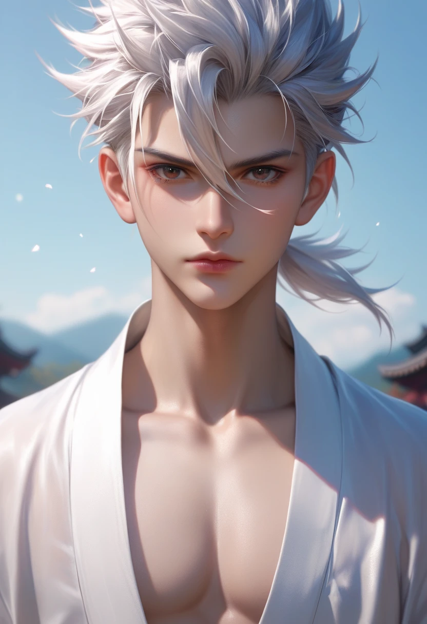a close up of a person with short hair and a white clothes, shinazugawa sanemi, shinazugawa sanemi from anime demon slayer, as an anime character, perfect anime face, he has white hair with bangs, male anime character, anime character, anime best man, hime cut hairstyle, white hair, purple eyes, smile, realistic, ultra detail, city background, (handsome face:1.3)