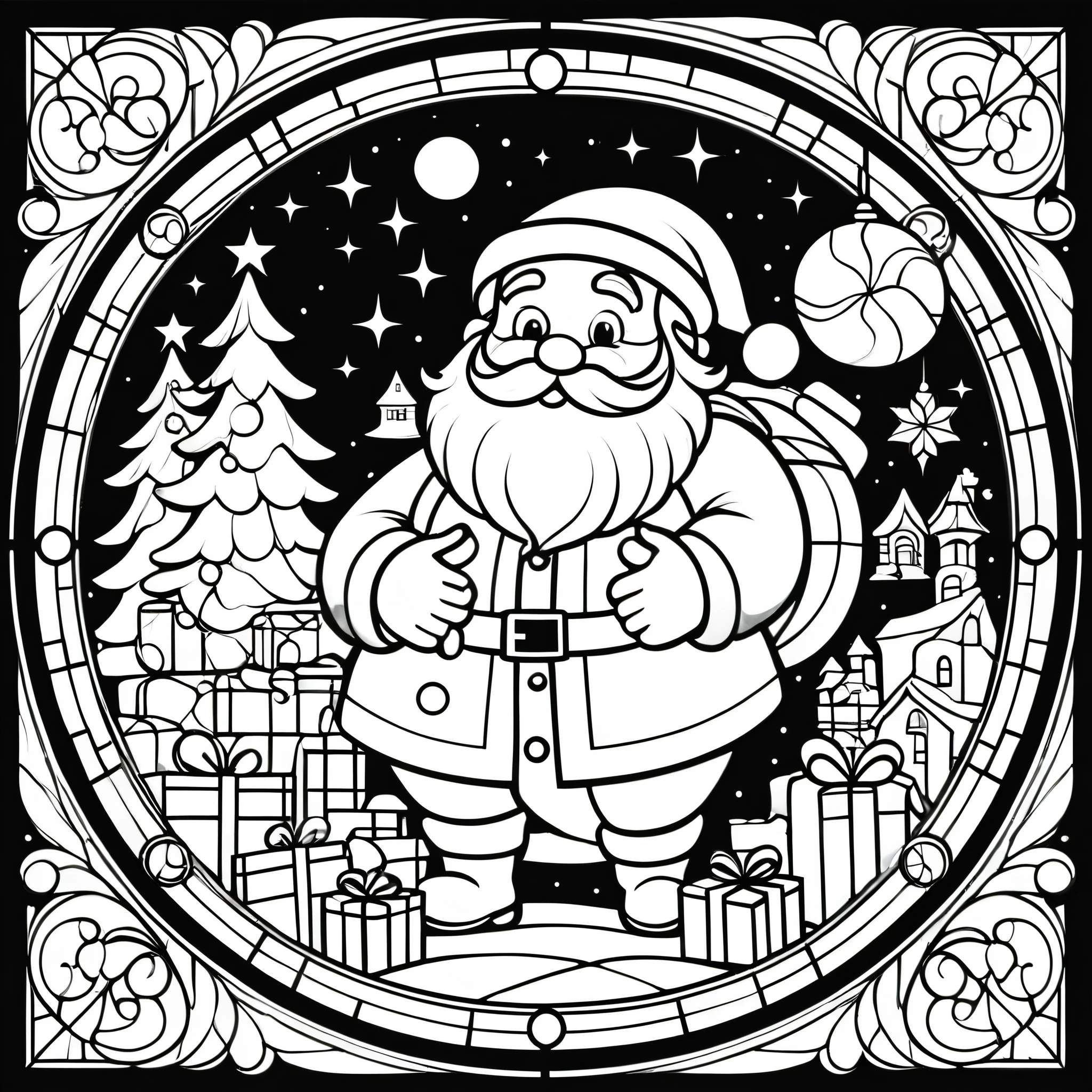 circle, simple line art, black and white, Stained glass design, without colored glass, composed only of lines, The theme is Santa Claus is busy delivering presents,