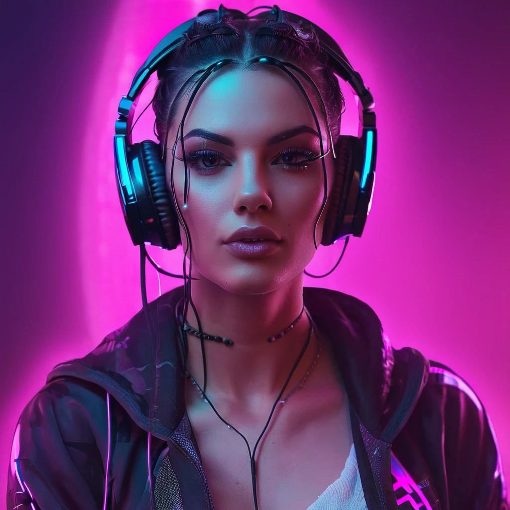 Create me a logo, A woman with headphones, wonderful sexy face and a connection to music. cyberpunk, neon, dreamy, sexy. ultra realisic