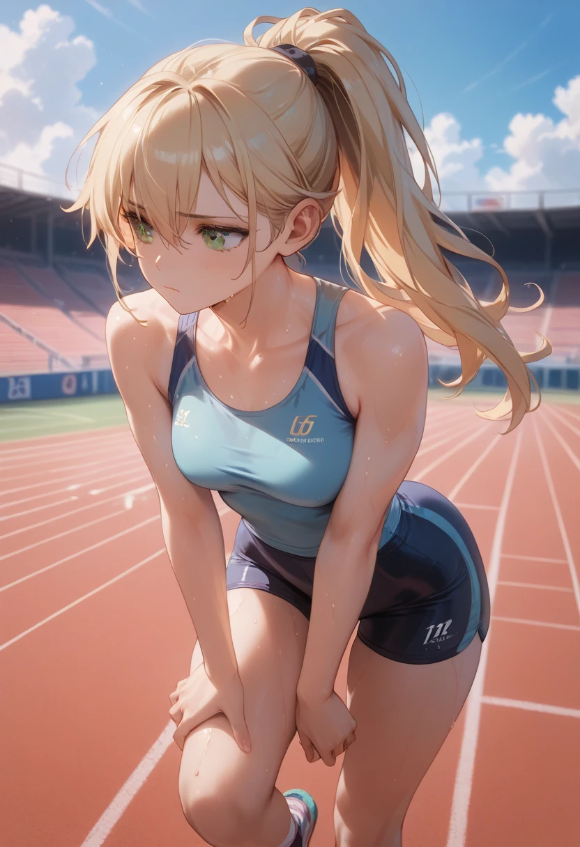 Full body,three sizes are 24,28,32,petite,fit,athletic,tomboy,pouting,long hair,blond,green eyes,ponytail hairstyle,high neck tank top,cute,sad,lonely,track and field,running track,sweaty,bending over,tight shorts,