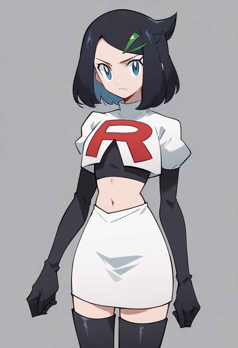 score_9, score_8_up, score_7_up, score_6_up, BREAK, 1girl, solo, liko, hairclip, cowboy shot, looking at viewer, team rocket,team rocket uniform,white skirt,red letter R,crop top,black thigh-highs,black elbow gloves