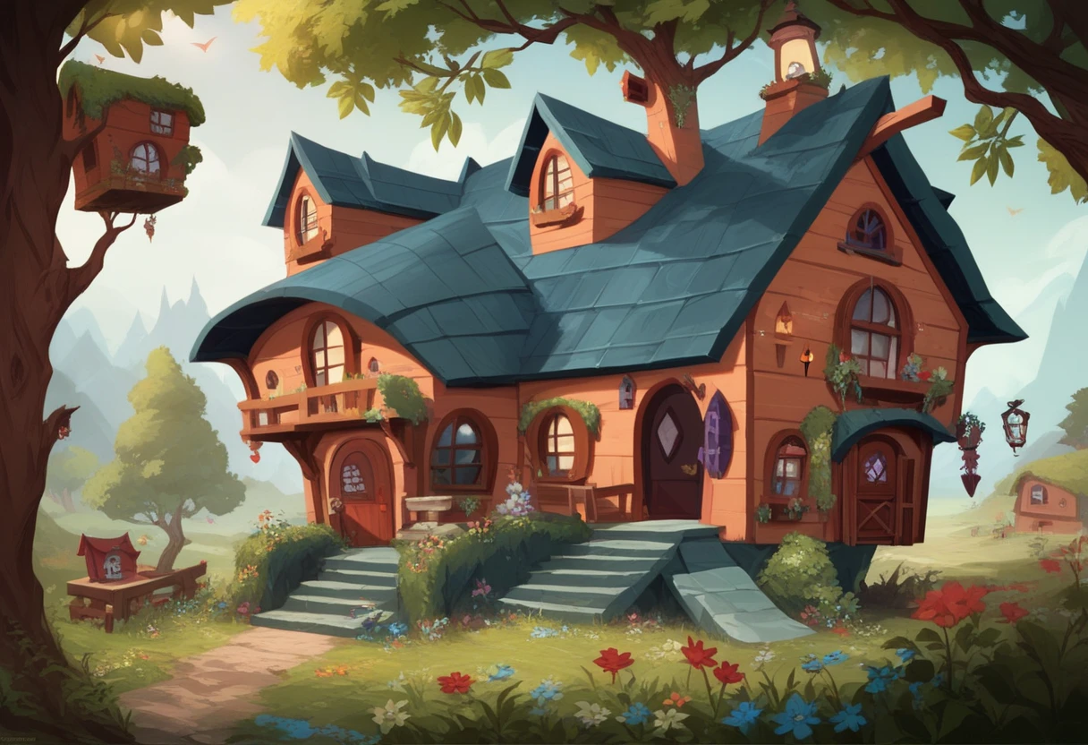 There is a house with lots of windows and lights, Fantasy House,   fairy tale full of flowers and vines , A pleasant and enchanting scene,  Inspired by Andreas Rocha ,  Fantasy Setting, dark  Fantasy Setting,  realistic fantasy rendering for the whole body ,  Magical Environment , Cabin in the woods,  Andreas Rocha Inspired ,  cottage in the woods, witch  cottage in the woods, Ultra-detailed fantasy