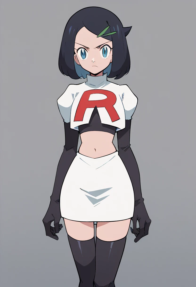 score_9, score_8_up, score_7_up, score_6_up, BREAK, 1girl, solo, liko, hairclip, cowboy shot, looking at viewer, team rocket,team rocket uniform,white skirt,red letter R,crop top,black thigh-highs,black elbow gloves