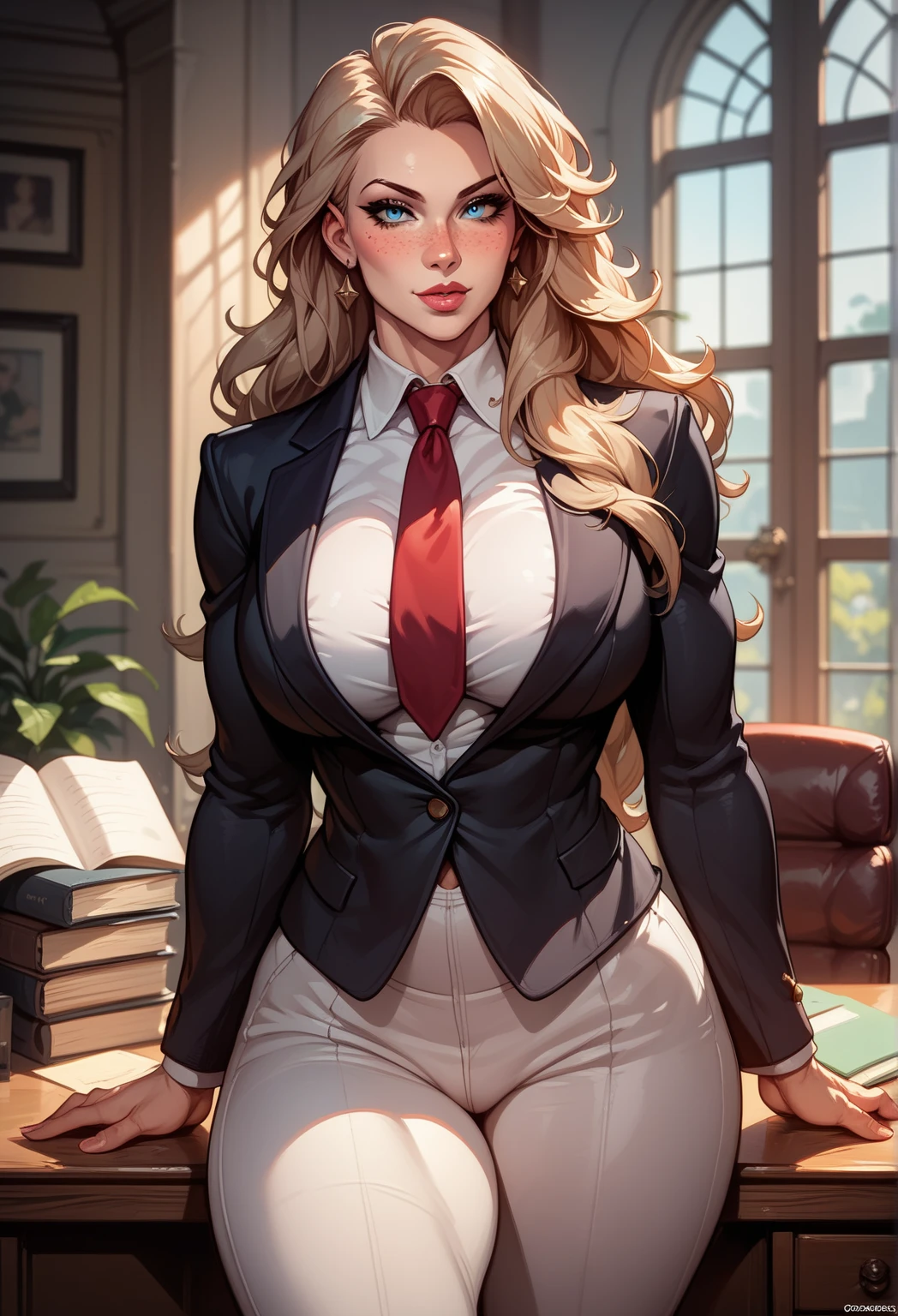 _ anime style ,1 women,  long blond hair ,  white skin , Muscular, detailed black suit ,  Big breasts ,  big thighs,  Blue Eyes ,desk, warm, corpo de milf, freckles,  Sensual Pose, sexy, imposing,  seductive expression , Woman Boss, neckline,  tie inside the breasts, dress pants