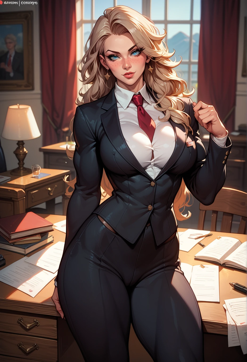 _ anime style ,1 women,  long blond hair ,  white skin , Muscular, detailed black suit ,  Big breasts ,  big thighs,  Blue Eyes ,desk, warm, corpo de milf, freckles,  Sensual Pose, sexy, imposing,  seductive expression , Woman Boss, neckline,  tie inside the breasts, dress pants