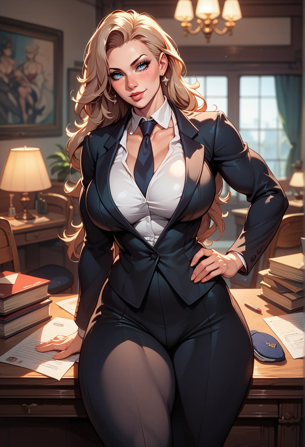 _ anime style ,1 women,  long blond hair ,  white skin , Muscular, detailed black suit ,  Big breasts ,  big thighs,  Blue Eyes ,desk, warm, corpo de milf, freckles,  Sensual Pose, sexy, imposing,  seductive expression , Woman Boss, neckline,  tie inside the breasts, dress pants