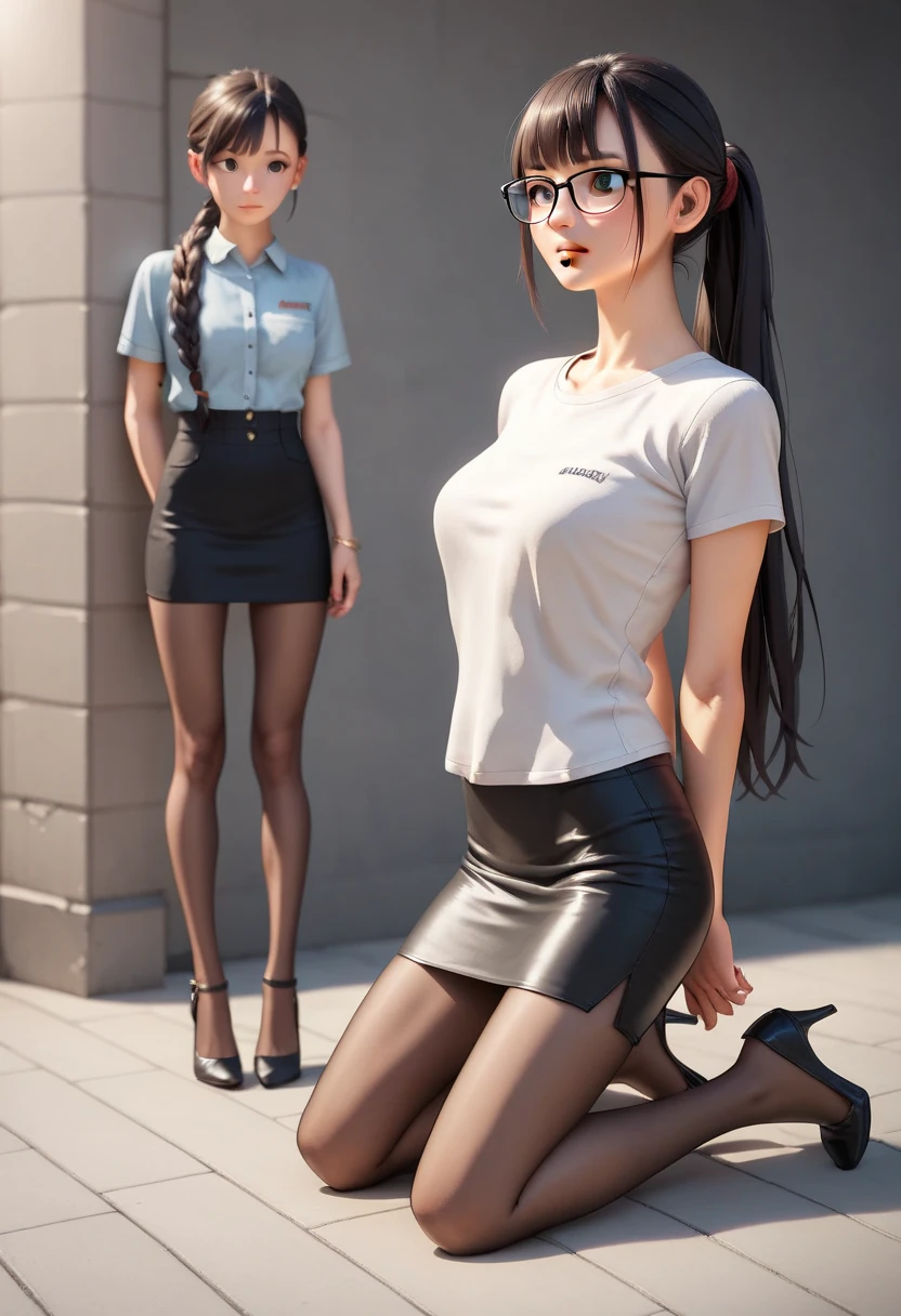  a human model of a very old  Asian woman the size of two students,  skinny , Tiny,  with long hair  , Long hair ponytail,  bangs, Little woman with beautiful facial features ,  wearing a sexy student suit ， including a leather pencil skirt ,  clear pantyhose and heels ,  glasses,  women's shirt ,  kneeling on the bricks of an old factory ,  Look up and open your eyes,  a man standing next to her ,  touch her and point a gun at her forehead . Bind your arms  , Arms behind back, 