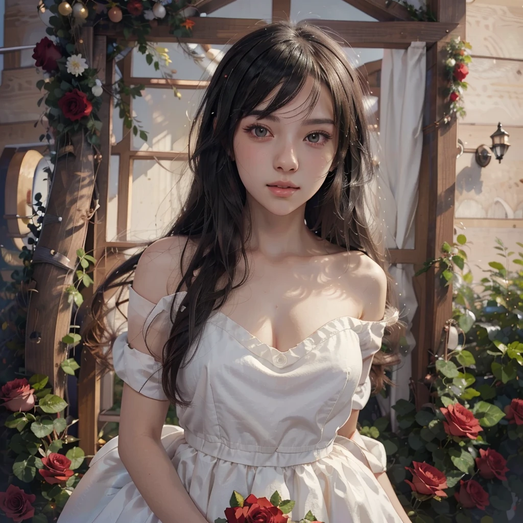 Anime girl with long black hair and a white dress with red roses, Gwaiz, Gwaiz on pixiv artstation,  detailed digital animation art, beautiful anime girl, Gwaiz on artstation pixiv, Anime Style 4k, everyone, beautiful anime portrait,  detailed portrait of an anime girl ,  BEAUTIFUL ANIME WOMEN ,  Detailed Anime Art 