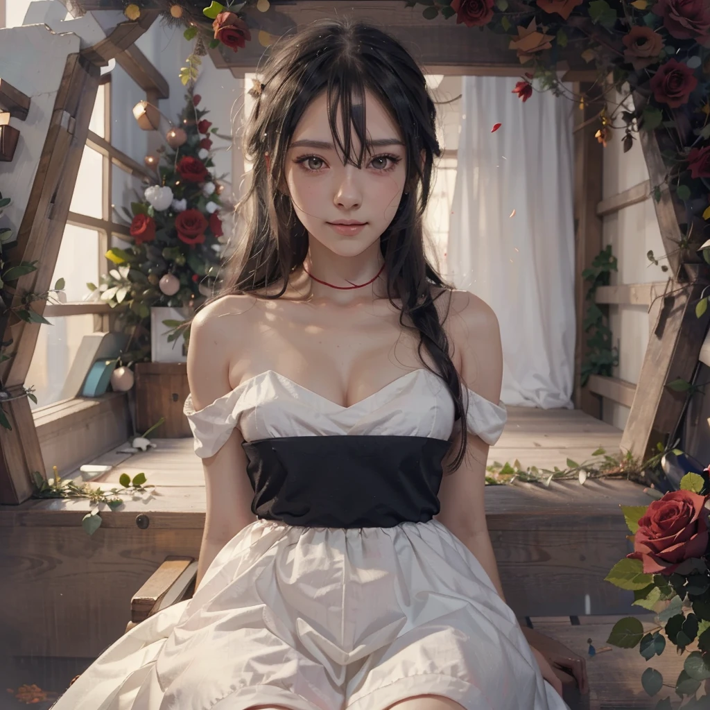 Anime girl with long black hair and a white dress with red roses, Gwaiz, Gwaiz on pixiv artstation,  detailed digital animation art, beautiful anime girl, Gwaiz on artstation pixiv, Anime Style 4k, everyone, beautiful anime portrait,  detailed portrait of an anime girl ,  BEAUTIFUL ANIME WOMEN ,  Detailed Anime Art 