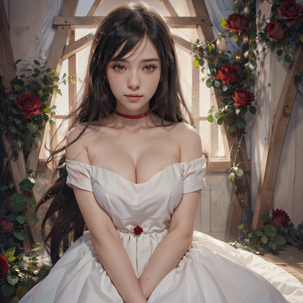 Anime girl with long black hair and a white dress with red roses, Gwaiz, Gwaiz on pixiv artstation,  detailed digital animation art, beautiful anime girl, Gwaiz on artstation pixiv, Anime Style 4k, everyone, beautiful anime portrait,  detailed portrait of an anime girl ,  BEAUTIFUL ANIME WOMEN ,  Detailed Anime Art 