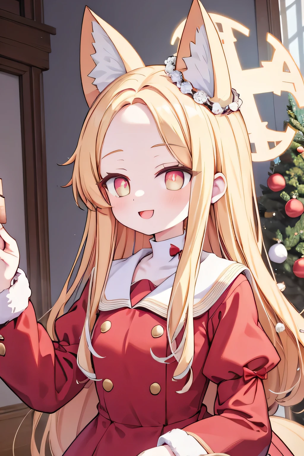 animal ear, halo on head, wearing christmas dress, inside abandoned house, masterpiece, upper body, smile open mouth, christmas tree, wearing red dress