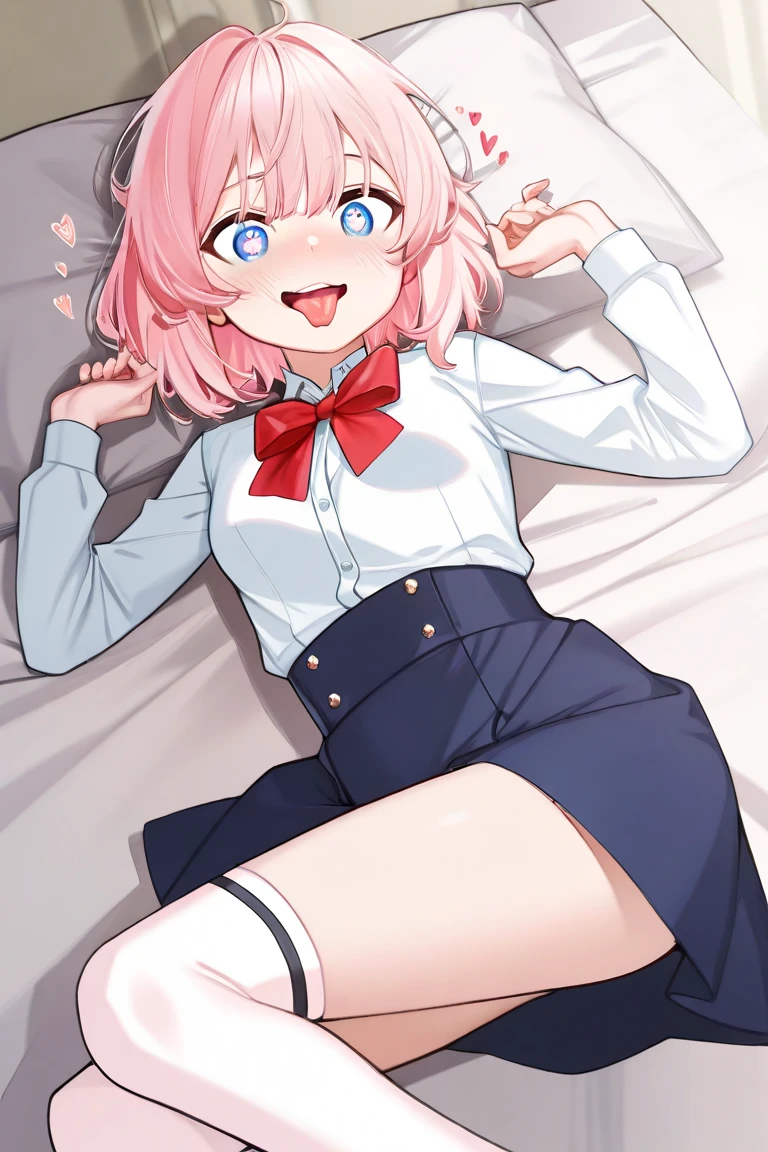 one young girl, light blue eyes, short light pink hair, red bow on the left side of her head, lying on the bed, hearts in her eyes, excited, in white knee socks, dark blue skirt pulled down, small breasts visible, tongue sticking out