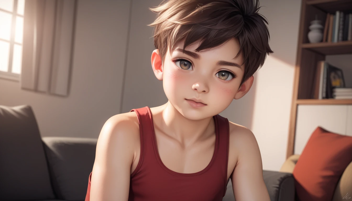 a handsome kiid little young boy 11yr,SHOTA,delicious expression,blush,messy short hair,blond hair and brown hair,from front,in living room with the family's,wearing singlet,fullbody,hd,4k,8k,dynamics lighting,perfect lighting,realistic,hd,4k,8k,dynamics lighting,perfect lighting,realistic,16k,hd lighting,realistic lighting,perfect shadows,realistic shadows,super realistic,hyper realistic,perfect face