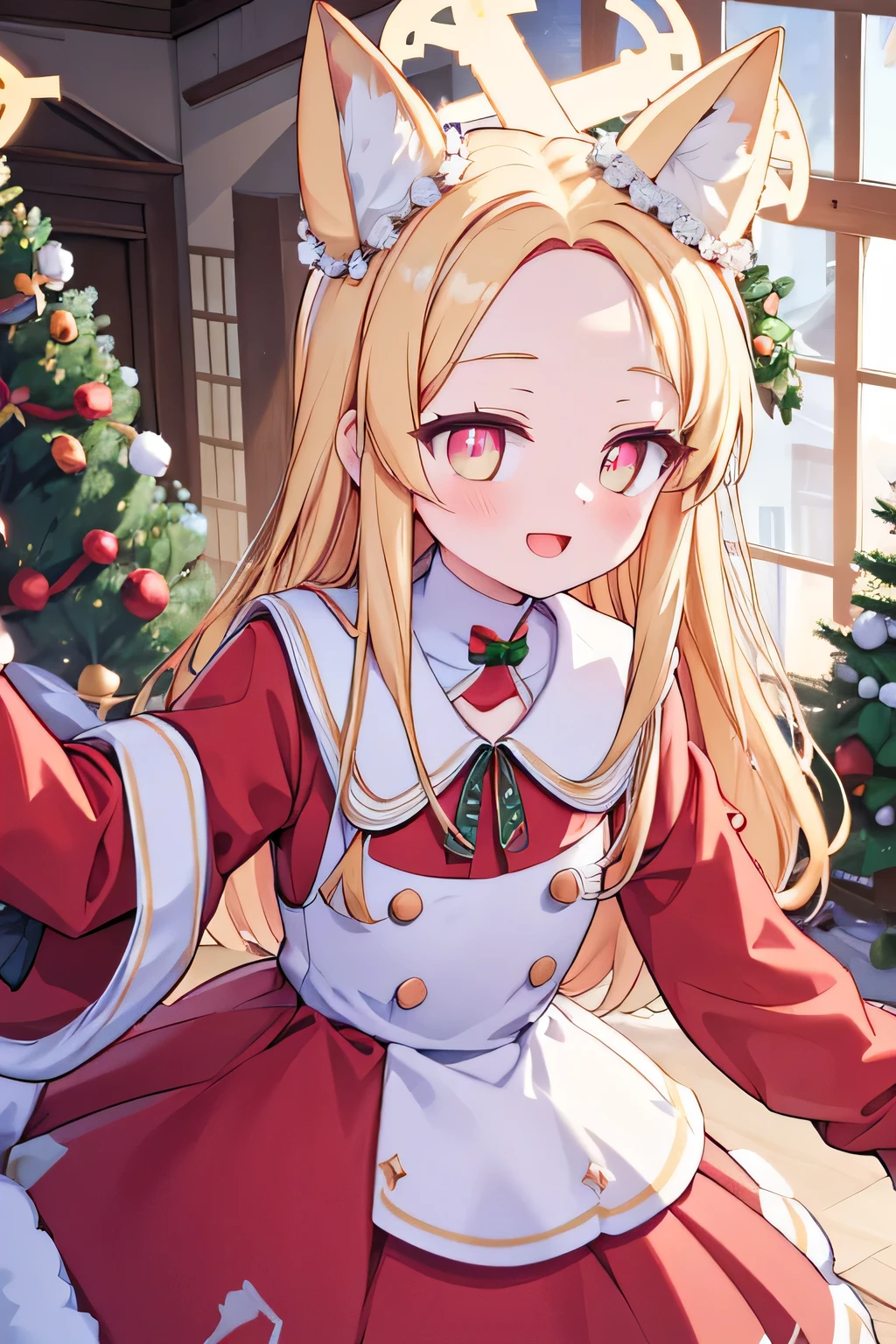 animal ear, halo on head, wearing christmas dress, inside abandoned house, masterpiece, upper face camera, smile open mouth, christmas tree, wearing red dress, kissing