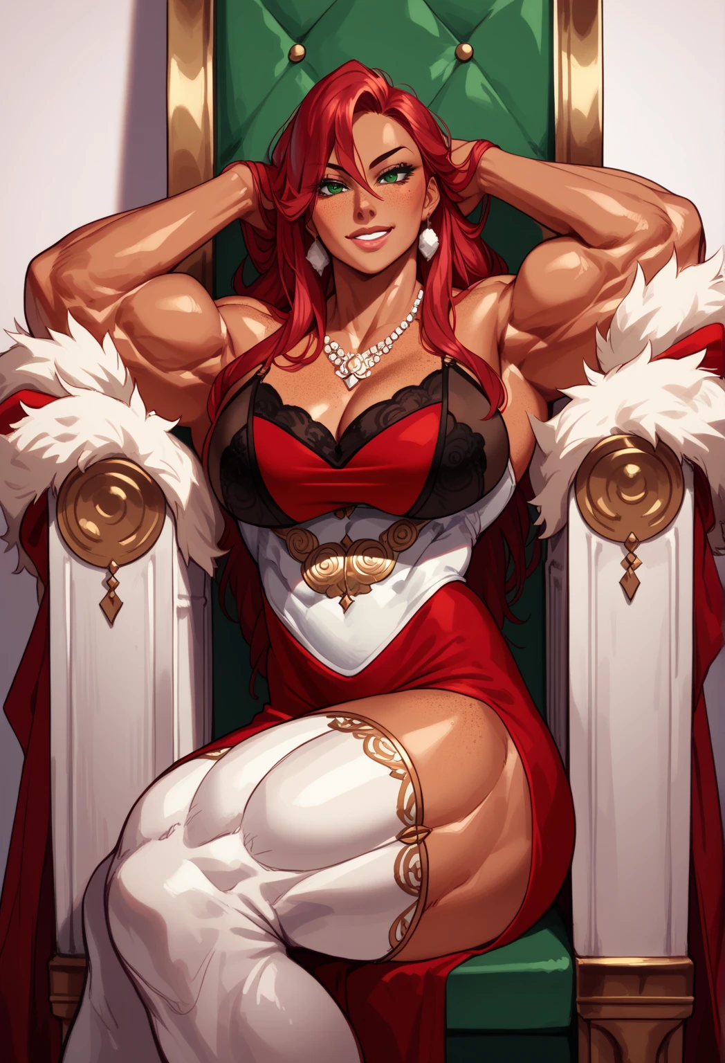 _ anime style ,1 women, long red hair with white strands, white,  tanned skin , Muscular, Detailed red dress ,  very large breasts ,  big thighs,  green eyes ,throne, warm, corpo de milf, freckles, sitting,  Sensual Pose, sexy, imposing,  seductive expression  