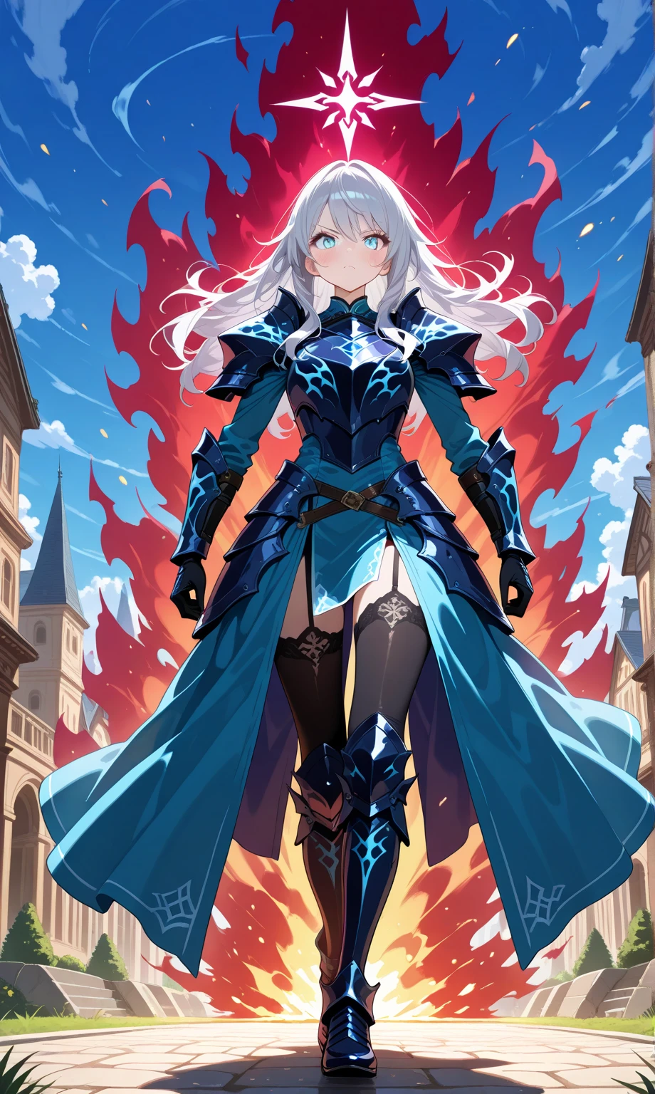 (masterpiece), (best quality), (high uqality), (8k), girl, (full-body), dragon armor, intricate details, red glow, short shilver hair, back messy hair, detailed hair strands, light blue eyes, dominance expression, walking in lesser caotic place as she rule the world, fire background, and dragons in the night sky, fierce aura, (high quality ilumination)