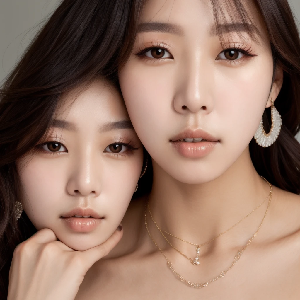 face Close-up,photo of a  sexy  Korean idol,face,detailed students,skin texture,in front, detailed eyes, sexy ,  comfortable ,Necklaces, earrings,  jewelry ,eye shadow,skin pores