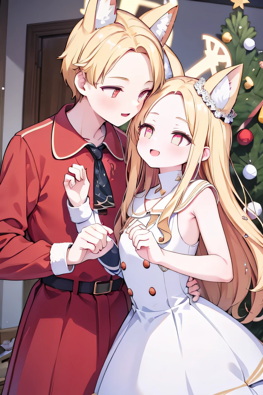 animal ear, halo on head, wearing christmas dress, inside abandoned house, masterpiece, upper face camera, smile open mouth, christmas tree, wearing red dress, kissing pose, holding man hand, man with girl, 1male, hold hand