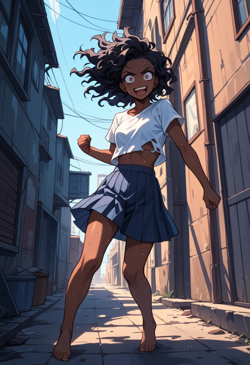 ((()))、(((  Young African woman with long black hair)))、, (droopy eyes,   square face  ),   dark skin,ebony skin ,Torn white shirt, black bra,blue pleated skirt,barefoot,   alley in the city center  , to smile,  standing (punching the air), Sweat, crazy look,  long, disheveled hair  