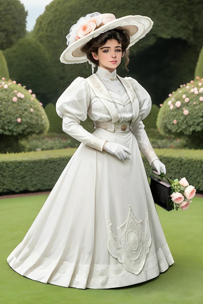 A snooty, beautiful yo brunette Gibson Girl in her Edwardian gown. Year 1905. White 1905_dr3ss and large flower-brimmed hat with a lace veil in the front. Rebuffing the sexual advances of a horny 69yo gentleman in a suit, holding her by the waist. Rose garden backdrop. 1 girl, 1 man