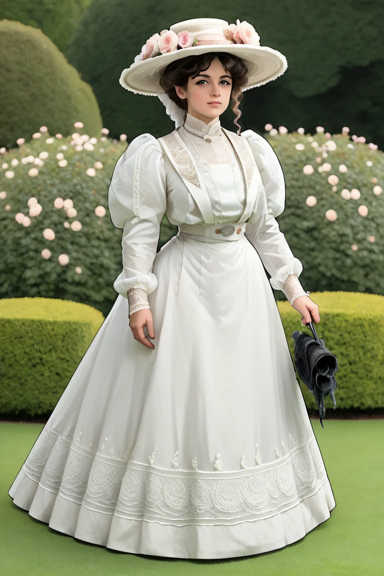 A snooty, beautiful **yo brunette Gibson Girl in her Edwardian gown. Year 1905. White 1905_dr3ss and large flower-brimmed hat with a lace veil in the front. Rebuffing the sexual advances of a horny 69yo gentleman in a suit, holding her by the waist. Rose garden backdrop. 1 girl, 1 man