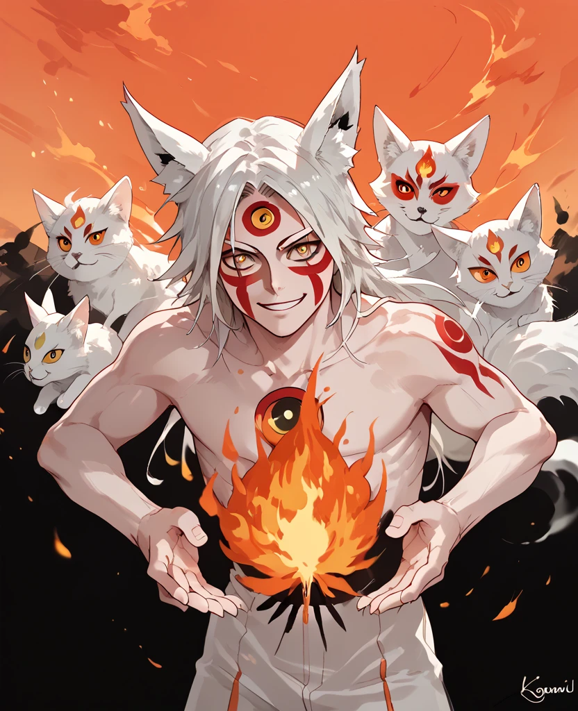 man, fire hair, white skin, red face paint, anime style, fire, yellow eyes, white hair, third eye on forehead, smile, cat eyes, fire in hands, natural skin, kitsune, strong, orange sky, white fox ears, soil,