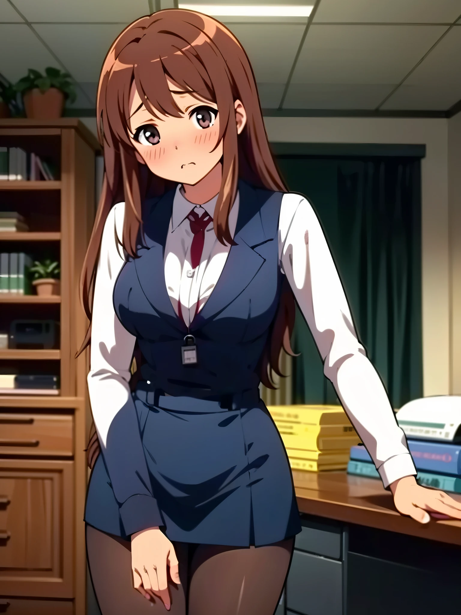 indoor, 1 female, inside office, wearing dark navy blue office lardy, busty suit, black pumps, black pantyhose, upset, blush, shy, focus upper body, break , break anime style, 8k, best quality, masterpiece, ultra high res, high nose1:3,