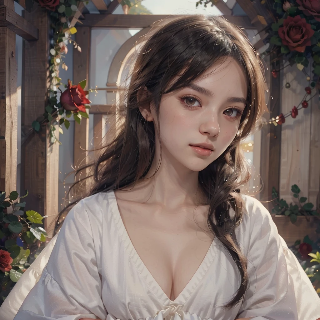 Anime girl with long black hair and a white dress with red roses, Gwaiz, Gwaiz on pixiv artstation,  detailed digital animation art, beautiful anime girl, Gwaiz on artstation pixiv, Anime Style 4k, everyone, beautiful anime portrait,  detailed portrait of an anime girl ,  BEAUTIFUL ANIME WOMEN ,  Detailed Anime Art 