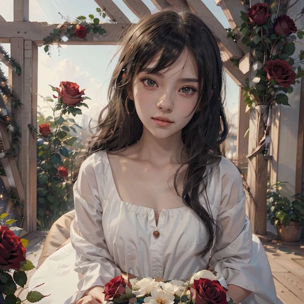 Anime girl with long black hair and a white dress with red roses, Gwaiz, Gwaiz on pixiv artstation,  detailed digital animation art, beautiful anime girl, Gwaiz on artstation pixiv, Anime Style 4k, everyone, beautiful anime portrait,  detailed portrait of an anime girl ,  BEAUTIFUL ANIME WOMEN ,  Detailed Anime Art 