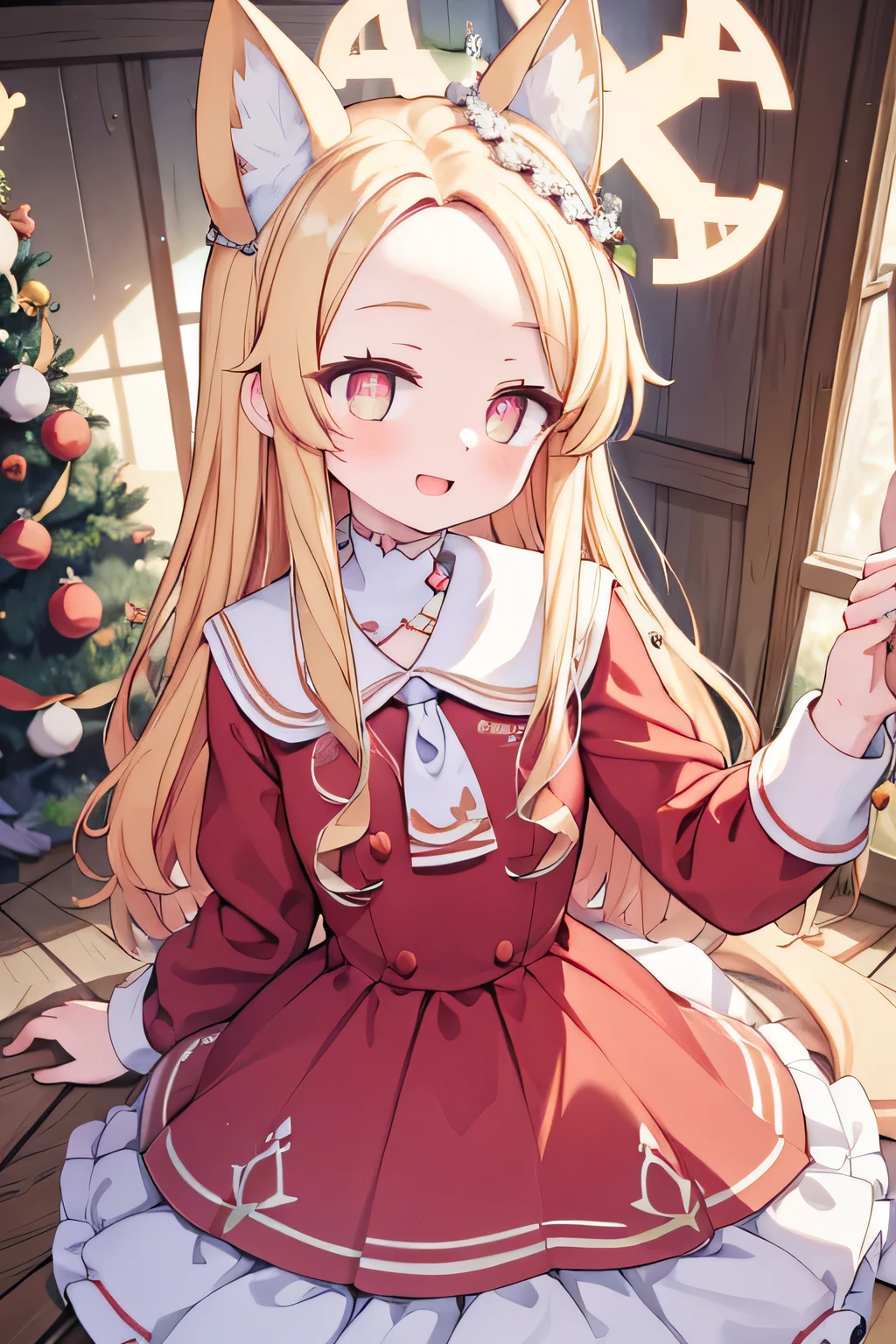 animal ear, halo on head, wearing christmas dress, inside abandoned house, masterpiece, upper face camera, smile open mouth, christmas tree, wearing red dress, kissing pose, holding man hand